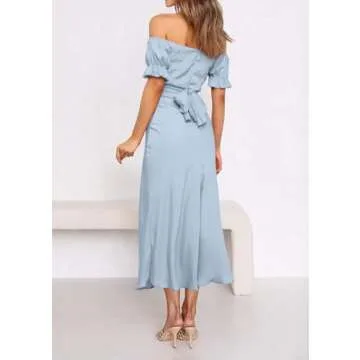 KIRUNDO Women's 2024 Summer Satin Midi Dress Off Shoulder Wrap Ruched Wedding Guest Party Cocktail Formal Prom Dresses(Light Blue, Small)