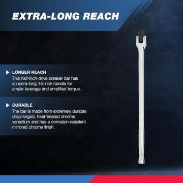 Neiko 00200A 1/2" Drive Extension Breaker Bar | 15" Length | Rotating Flex Head | CR-V Steel