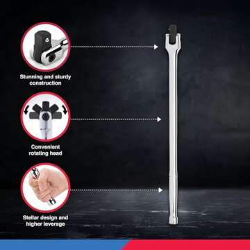 Neiko 00200A 1/2" Drive Extension Breaker Bar | 15" Length | Rotating Flex Head | CR-V Steel