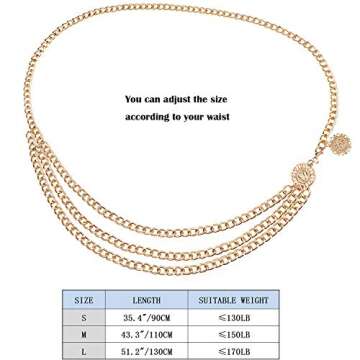 Suyi Gold Chain Belts for Women Waist Chain Belt Multilayer Body Belly Chain Plus Size 130CM Gold