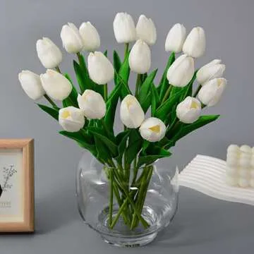 JerryXingjy 20 Pcs White Tulips Artificial Flowers 13.5" PU Real Touch with Faux Mix Tulip Bulbs Silk Bouquet for Mother's Day Wedding Easter Kitchen Decor