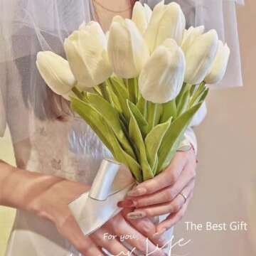 JerryXingjy 20 Pcs White Tulips Artificial Flowers 13.5" PU Real Touch with Faux Mix Tulip Bulbs Silk Bouquet for Mother's Day Wedding Easter Kitchen Decor