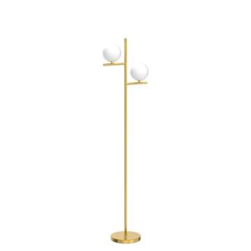 Mid Century Floor Lamp - 2 Globe Modern Standing Lamp with Foot Pedal, Frosted Glass Stand Up Lights for Living Room, Bedroom, Office, Contemporary LED Antique Brass|Gold Tall Pole Light Indoor