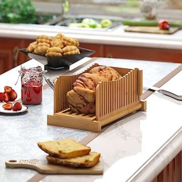 Bamboo Bread Slicer, Adjustable Bread Slicer Guide with 3 Thickness Size, Foldable Compact Chopping Cutting Board, Great for Homemade Bread, Cakes, Bagels