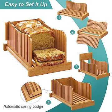 Bamboo Bread Slicer, Adjustable Bread Slicer Guide with 3 Thickness Size, Foldable Compact Chopping Cutting Board, Great for Homemade Bread, Cakes, Bagels