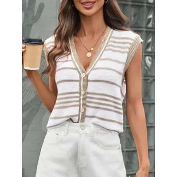 Saodimallsu Womens Striped Sweater Vest Button Up V Neck Sleeveless Loose Knit Summer Trendy Tank Tops Khaki and White