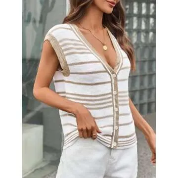 Saodimallsu Womens Striped Sweater Vest Button Up V Neck Sleeveless Loose Knit Summer Trendy Tank Tops Khaki and White