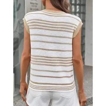 Saodimallsu Womens Striped Sweater Vest Button Up V Neck Sleeveless Loose Knit Summer Trendy Tank Tops Khaki and White