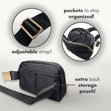 Boutique Fleece Belt Bag | Sherpa Crossbody Bag Fanny Pack for Women Fashionable | Everywhere Waist Pack | Small Fashion Travel Chest Bag (Small Strap Length, Black Fleece)