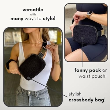 Boutique Fleece Belt Bag | Sherpa Crossbody Bag Fanny Pack for Women Fashionable | Everywhere Waist Pack | Small Fashion Travel Chest Bag (Small Strap Length, Black Fleece)