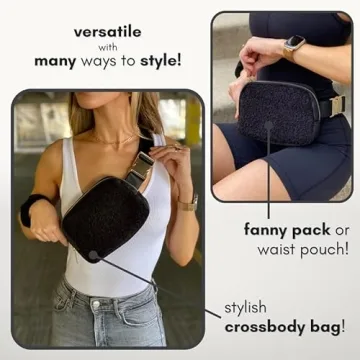 Boutique Fleece Belt Bag | Sherpa Crossbody Bag Fanny Pack for Women Fashionable | Everywhere Waist Pack | Small Fashion Travel Chest Bag (Small Strap Length, Black Fleece)