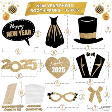 KatchOn, Glitter New Years Photo Booth Props 2025 - Pack of 32 | New Years Eve Photo Booth Props 2025, Happy New Years Decorations 2025 | New Years Photo Props 2025, New Years Eve Party Supplies 2025