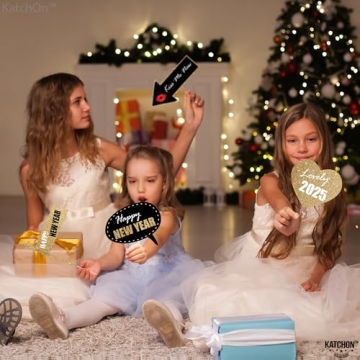 KatchOn, Glitter New Years Photo Booth Props 2025 - Pack of 32 | New Years Eve Photo Booth Props 2025, Happy New Years Decorations 2025 | New Years Photo Props 2025, New Years Eve Party Supplies 2025