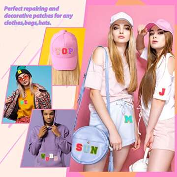 104 Pcs Chenille Letter Patches Self Adhesive Letters Rainbow Self Adhesive Chenille Embroidered Cloth Sticker Assorted-Color Smile Patches for Jeans Embroidered Applique