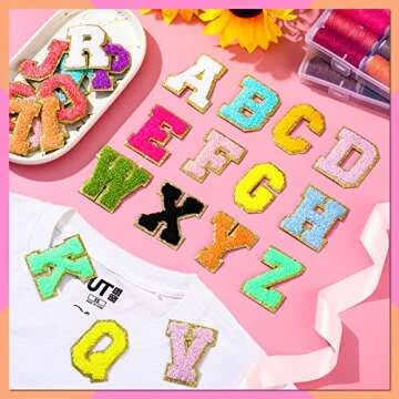104 Pcs Chenille Letter Patches Self Adhesive Letters Rainbow Self Adhesive Chenille Embroidered Cloth Sticker Assorted-Color Smile Patches for Jeans Embroidered Applique