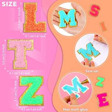 104 Pcs Chenille Letter Patches Self Adhesive Letters Rainbow Self Adhesive Chenille Embroidered Cloth Sticker Assorted-Color Smile Patches for Jeans Embroidered Applique