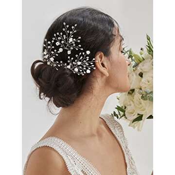 SWEETV Flower Beaded Wedding Hair Pins Rhinestone Bridal Hair Accessories decorative for Brides and Bridesmaid(Pack of 3), Silver