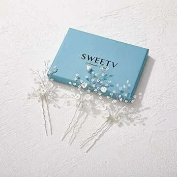SWEETV Flower Beaded Wedding Hair Pins Rhinestone Bridal Hair Accessories decorative for Brides and Bridesmaid(Pack of 3), Silver
