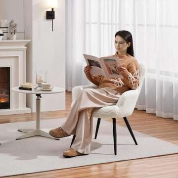Yaheetech Boucle Accent Chair, Modern Fuzzy Sherpa Armchair, Fuzzy Sherpa Armchair, Upholstered Vanity Chair with High Back and Mental Legs for Living Room Makeup Bedroom, Ivory