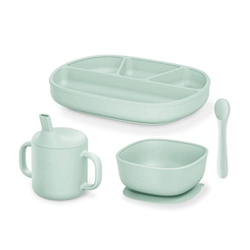 NUK Silicone Baby Tableware Bundle, Includes 1 Plate, 1 Bowl, 1 Cup, & 1 Spoon, Durable Suction Feature Helps Reduce Spills, Microwave-Safe, BPA-Free