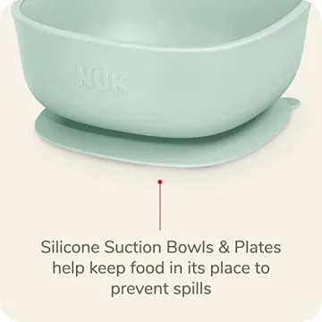 NUK Silicone Baby Tableware Bundle, Includes 1 Plate, 1 Bowl, 1 Cup, & 1 Spoon, Durable Suction Feature Helps Reduce Spills, Microwave-Safe, BPA-Free