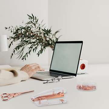 Rose Gold Office Supplies and Accessories, DaizySight Cute Desk Decor Set for Women, with Stapler, Tape Dispenser, Stapler Removers, Iron Tower Scissors, Aesthetic School Supplies for Girls