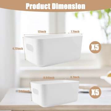 Retainbre 10Pcs White Plastic Storage Bins Plastic Classroom Organization Bins, Pantry Baskets 0rganization and Storage Containers for Toy, Home, Kitchen, Office, Organizer(5L+5M)
