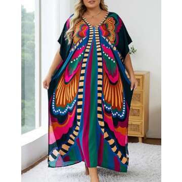 Bsubseach Women V Neck Tie Dye Kaftan Dress Plus Size Beach Cover Up Short Sleeve Caftan Maxi Dresses Butterfly