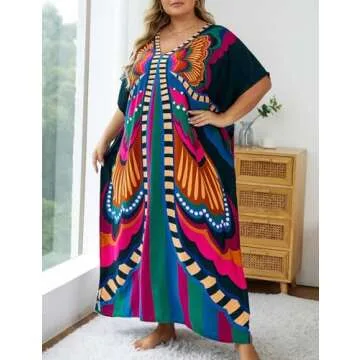 Bsubseach Women V Neck Tie Dye Kaftan Dress Plus Size Beach Cover Up Short Sleeve Caftan Maxi Dresses Butterfly