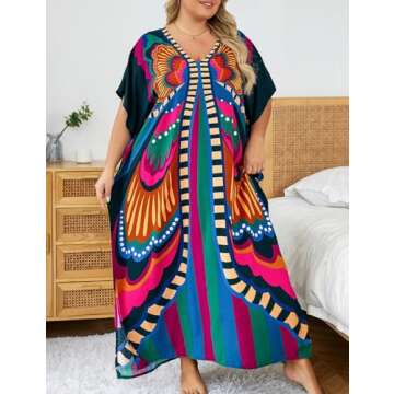 Bsubseach Women V Neck Tie Dye Kaftan Dress Plus Size Beach Cover Up Short Sleeve Caftan Maxi Dresses Butterfly