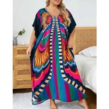 Bsubseach Women V Neck Tie Dye Kaftan Dress Plus Size Beach Cover Up Short Sleeve Caftan Maxi Dresses Butterfly