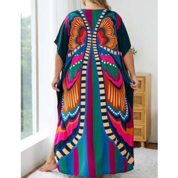 Bsubseach Women V Neck Tie Dye Kaftan Dress Plus Size Beach Cover Up Short Sleeve Caftan Maxi Dresses Butterfly