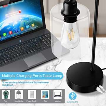 YIROCK Industrial Table Lamps: 3-Way Touch Control with USB Ports and 2 LED Bulbs Included for Bedsi...