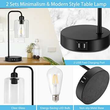 YIROCK Industrial Touch Control Table Lamps with USB Ports