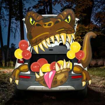 JOYIN Halloween Dinosaur Trunk Or Treat Car Decorations Kit for SUV Halloween Decorations Outdoor Indoor Decor Balloons T-rex, Haunted House Door Archway Entryway Tassels Paper Board Dot Glue
