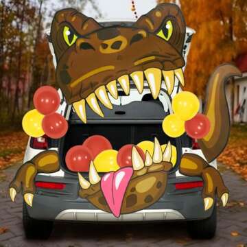 JOYIN Halloween Dinosaur Trunk Or Treat Car Decorations Kit for SUV Halloween Decorations Outdoor Indoor Decor Balloons T-rex, Haunted House Door Archway Entryway Tassels Paper Board Dot Glue