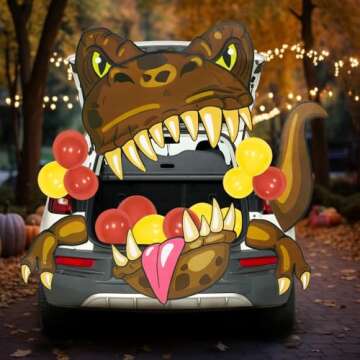 JOYIN Halloween Dinosaur Trunk Or Treat Car Decorations Kit for SUV Halloween Decorations Outdoor Indoor Decor Balloons T-rex, Haunted House Door Archway Entryway Tassels Paper Board Dot Glue
