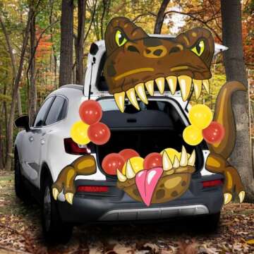 JOYIN Halloween Dinosaur Trunk Or Treat Car Decorations Kit for SUV Halloween Decorations Outdoor Indoor Decor Balloons T-rex, Haunted House Door Archway Entryway Tassels Paper Board Dot Glue