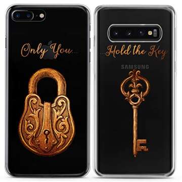 Cavka Matching Couple Cases Compatible for iPhone 16 15 14 13 12 11 Pro Max Mini Xs X 6s 8 Plus 7+ Xr 10 SE 5 Golden Lock Key Silicone Cover Love Girlfriend Gift Relationship Her Girly Women Cute Mate