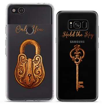 Cavka Matching Couple Cases Compatible for iPhone 16 15 14 13 12 11 Pro Max Mini Xs X 6s 8 Plus 7+ Xr 10 SE 5 Golden Lock Key Silicone Cover Love Girlfriend Gift Relationship Her Girly Women Cute Mate