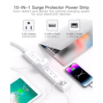 Surge Protector Power Strip 10ft with USB-C & AC Outlets