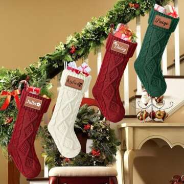 Dreamdecor Personalized Christmas Stockings with Names Monogram, 18” Large Family Knitted Xmas Stocking with Leather Nameplate for Kids, 1 Pack Customized Christmas Stockings for Fireplace Holiday