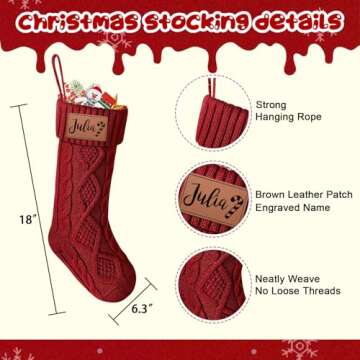 Dreamdecor Personalized Christmas Stockings with Names Monogram, 18” Large Family Knitted Xmas Stocking with Leather Nameplate for Kids, 1 Pack Customized Christmas Stockings for Fireplace Holiday