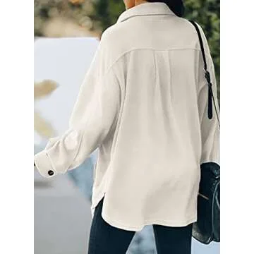 Astylish Womens Jackets Long Sleeve Shirt Jacket Solid Color Button Down Tops with Pockets Beige Medium