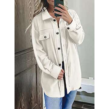 Astylish Womens Jackets Long Sleeve Shirt Jacket Solid Color Button Down Tops with Pockets Beige Medium