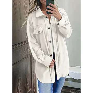 Astylish Womens Jackets Long Sleeve Shirt Jacket Solid Color Button Down Tops with Pockets Beige Medium