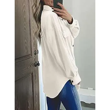 Astylish Womens Jackets Long Sleeve Shirt Jacket Solid Color Button Down Tops with Pockets Beige Medium