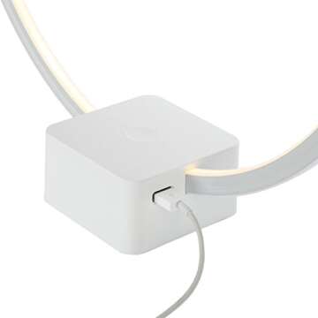 Brightech Circle LED Nightstand Lamp with USB Port – Compact Bed Stand Lamp for Bedroom, Living Room - Modern Asian Table & Desk Lamp on Side & End Tables - White