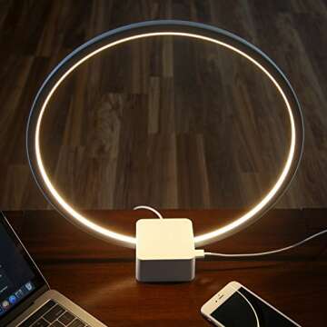 Brightech Circle LED Nightstand Lamp with USB Port – Compact Bed Stand Lamp for Bedroom, Living Room - Modern Asian Table & Desk Lamp on Side & End Tables - White