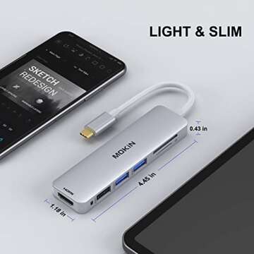 USB C Hub HDMI Adapter for MacBook Pro 2019/2018/2017, MOKiN 5 in 1 Dongle USB-C to HDMI, Sd/TF Card Reader and 2 Ports USB 3.0